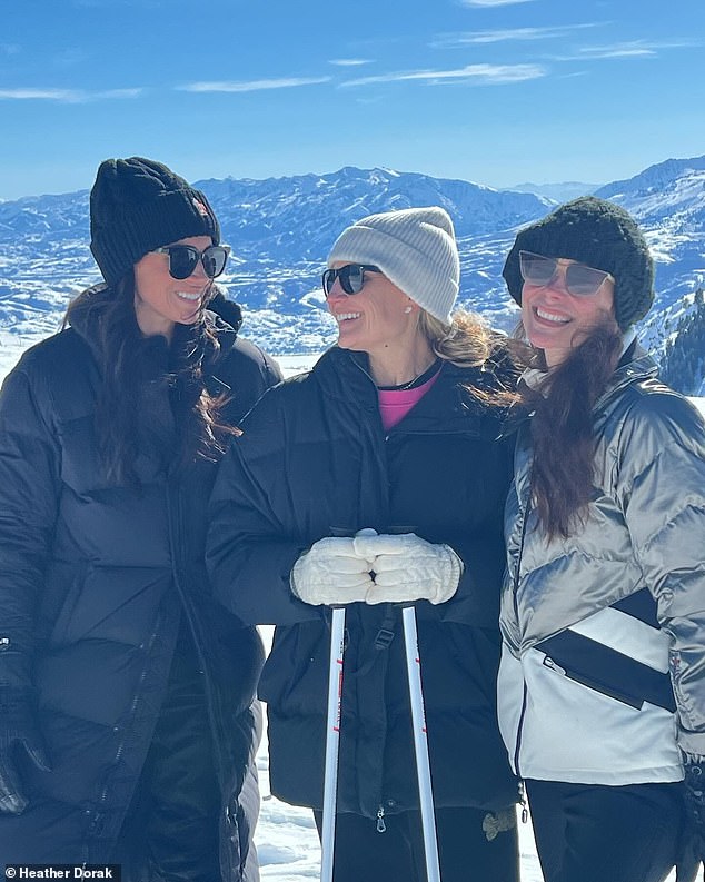 Meghan Markle (left) at Powder Mountain in Utah with friends Heather Dorak (centre) and Kelly McKee Zajfen (right), in a photo posted on Instagram by both Dorak and Zajfen