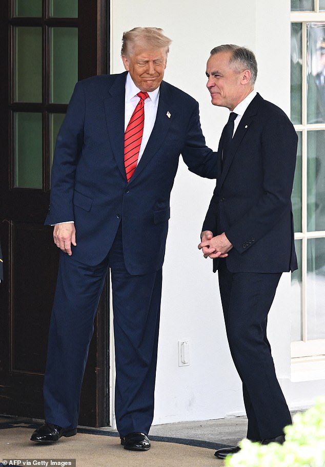 US President Donald Trump greets Canadian Prime Minister Mark Carney as he arrives at the White House in Washington, DC, on May 6, 2025