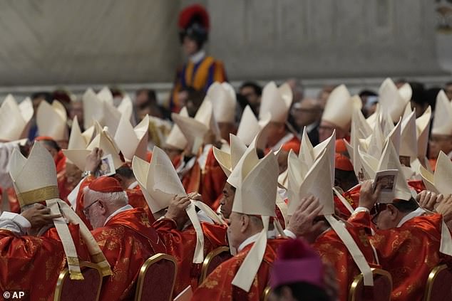 Addressing them in St Peter's Basilica, Cardinal Giovanni Battista Re said: 'To pray, by invoking the Holy Spirit, is the only right and proper attitude to take as the cardinal electors prepare to undertake an act of the highest human and ecclesial responsibility and to make a choice of exceptional importance'