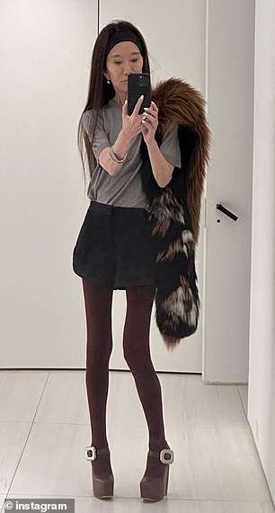 Vera Wang showed fans that she has captured the fountain of youth in a grey t-shirt, black mini skirt, and burgundy tights with matching platform heels