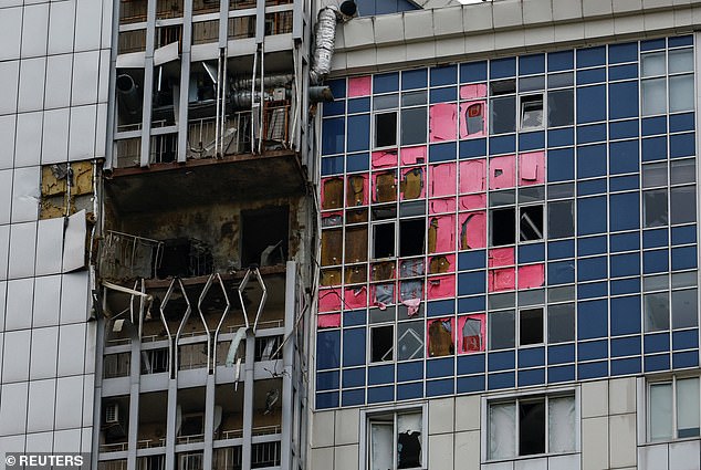 A view shows an apartment building damaged during a Russian drone strike