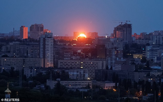 An explosion of a drone is seen during a Russian drone strike, amid Russia's attack on Ukraine, in Kyiv, Ukraine May 7, 2025