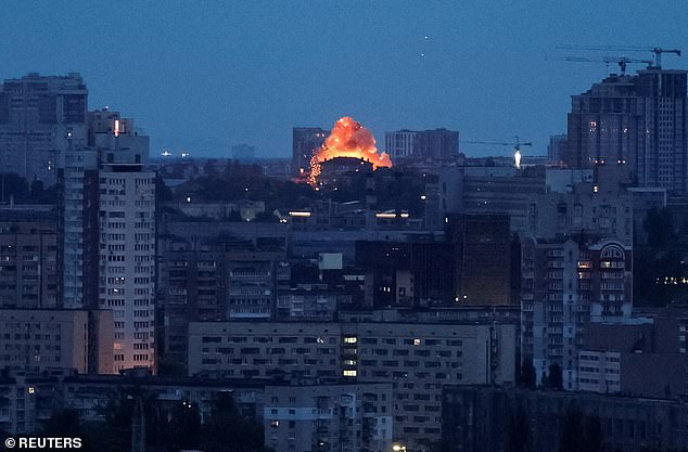 An explosion of a drone is seen during a Russian drone strike, amid Russia's attack on Ukraine, in Kyiv, Ukraine May 7, 2025