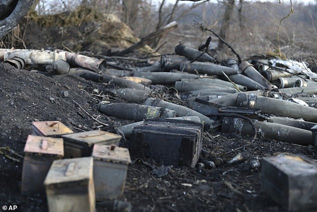 A photo shared by the Russian Defence Ministry purports to show abandoned Ukrainian ammunition in the Kursk region of Russia, in March 2025