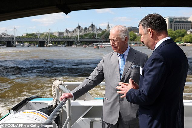 The King undertook a royal first on Wednesday - hopping on a hybrid Thames Clippers ' Uber boat' for his commute to work