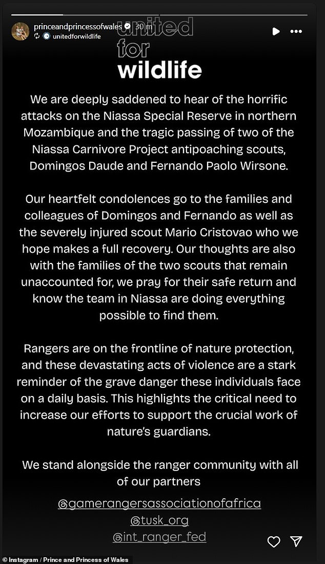 Taking to Instagram, William and Kate first shared a statement from United for Wildlife, which the heir to the throne founded