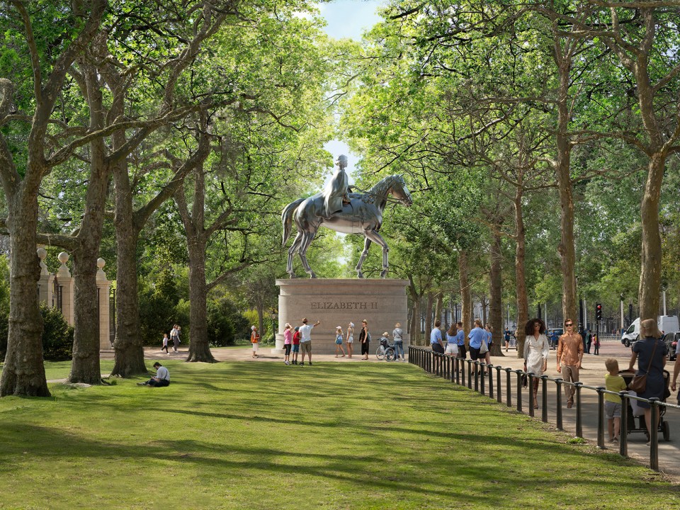 Illustration of a proposed statue of Queen Elizabeth II on horseback, situated in a park setting.