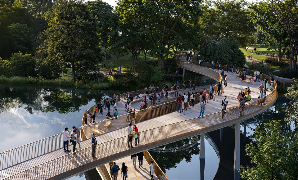 Illustration of a curved bridge over water, surrounded by trees and people walking on it.