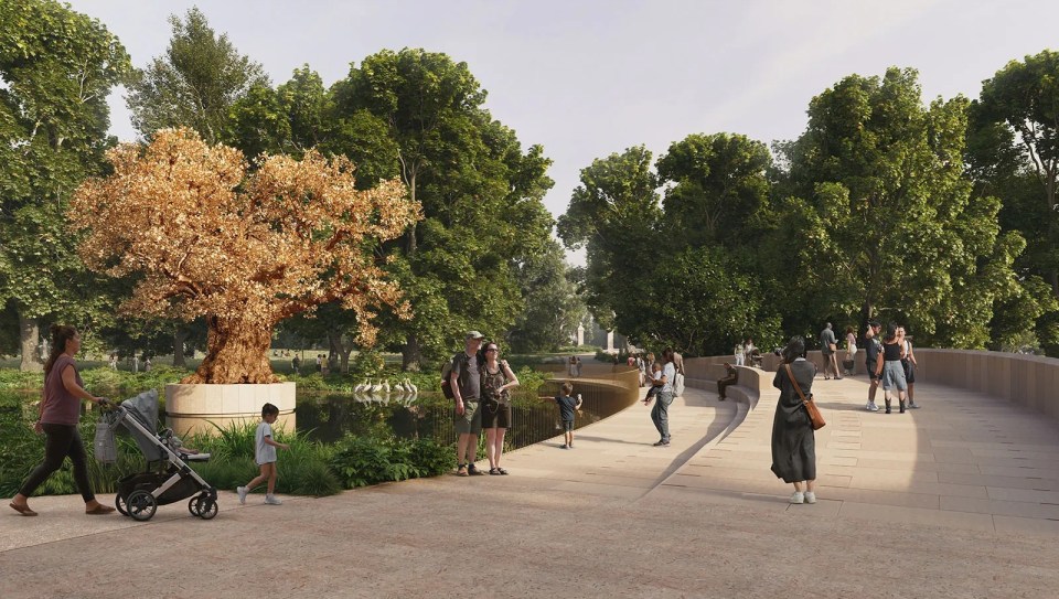Illustration of a memorial design featuring a golden tree and visitors.