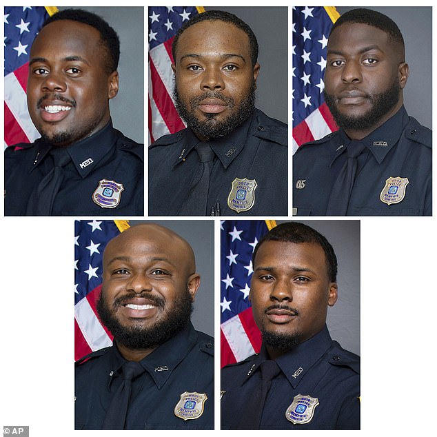 Officers Tadarrius Bean, Demetrius Haley, Emmitt Martin III, bottom row from left, Desmond Mills, Jr. and Justin Smith. The five former Memphis police officers charged over Nichols' death