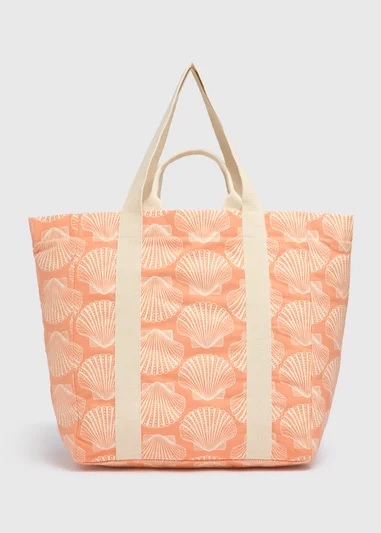 Peach-colored tote bag with a seashell pattern.