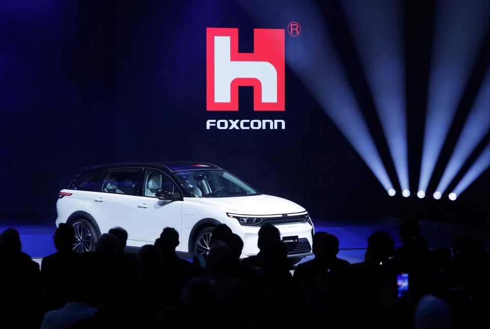 Foxconn's Foxtron Model C electric car on display.