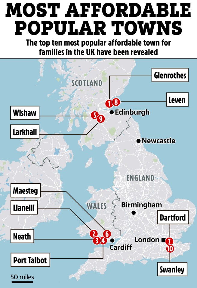 Map of the UK's ten most affordable popular towns for families.