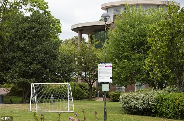 A football goal stands in one of the gardens of the Daresbury Park hotel