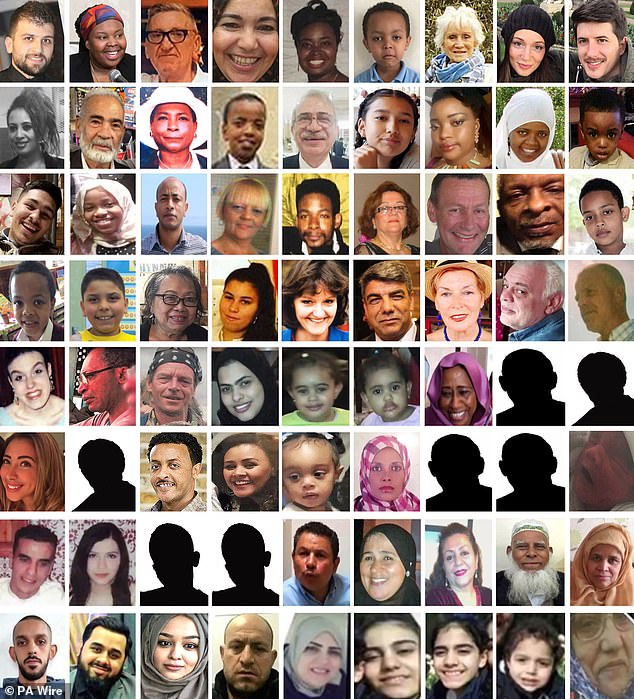 The 72 victims of the Grenfell Tower fire in June 2017 are pictured as follows - (top row left to right) Mohammad Al-Haj Ali, Ya-Haddy Sisi Saye, also known as Khadija Saye, Anthony Disson, Khadija Khalloufi, Mary Mendy, Isaac Paulos, Sheila, Gloria Trevisan, Marco Gottardi, (second row left to right) Berkti Haftom, Ali Yarwar Jafari, Majorie Vital, Yahya Hashim, Hamid Kani, Jessica Urbano Ramirez, Zainab Deen, Nura Jemal, Jeremiah Deen, (third row left to right) Yasin El-Wahabi, Firdaws Hashim, Hashim Kedir, Debbie Lamprell, Ernie Vital, Sakina Afrasehabi, Denis Mur-phy, Raymond "Moses" Bernard, Biruk Haftom, (fouth row left to right) Yaqub Hashim, Mehdi El-Wahabi, Ligaya Moore, Nur Huda El-Wahabi, Victoria King, Mo-hammed Amied Neda, Maria del Pilar Burton, Hesham Rahman, Gary Maunders, (fifth row left to right) Alexandra Atala, Vincent Chiejina, Steve Power, Rania Ibrahim, Fethia Hassan, Hania Hassan, Fathia Ahmed Elsanousi, Abufras Ibrahim (silhouette), Isra Ibrahim (silhouette), (sixth row left to right) Mariem Elgwahry, Eslah Elgwahry (sil-houette), Mohamednur Tuccu, Amal Ahmedin, Amaya Tuccu-Ahmedin, Amna Mahmud Idris, Abdeslam Sebbar (silhouette) , Joseph Daniels (silhouette), Logan Gomes, (seventh row left to right) Omar Belkadi, Farah Hamdan, Malak Belkadi (sil-houette), Leena Belkadi (silhouette), Abdulaziz El-Wahabi, Faouzia El-Wahabi, Fatemeh Afrasiabi, Kamru Miah, Rabeya Begum, (eighth row left to right) Mohammed Hamid, Mohammed Hanif, Husna Begum, Bassem Choukair, Nadia Choucair, Mierna Choucair, Fatima Choucair, Zainab Choucair and Sirria Choucair