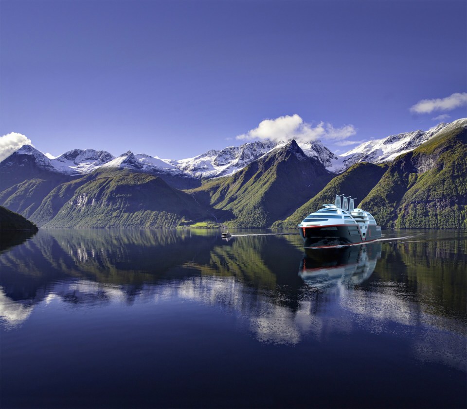 Illustration of the Sea Zero, a zero-emission cruise ship with retractable solar sails.