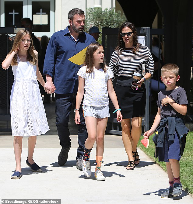 The A-lister shares three children - Violet Anne, 19, Seraphina Rose, 16, and Samuel, 13 - with ex-wife Garner; as the family are seen together in June 2019