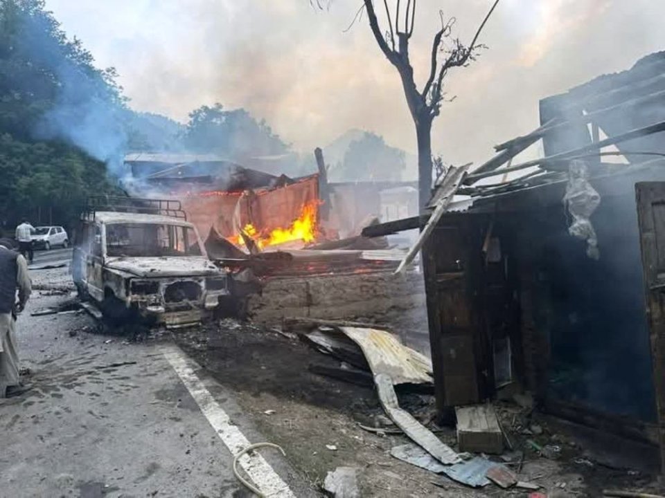Destruction of houses and a vehicle from shelling in Uri sector, North Kashmir.