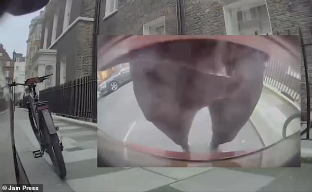 The Tesla recorded the shocking moment the masked cyclist smashed its back window