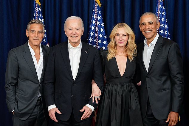George Clooney, Joe Biden, Julia Roberts & Barack Obama at a Los Angeles fundraiser - Clooney would later say it was this fundraiser where he got concerned about Biden's health