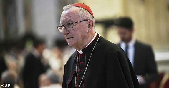 Cardinal Pietro Parolin arrives in St. Peter's Basilica to attend a mass on the eight of nine days of mourning for late Pope Francis, at the Vatican, Saturday, May 3, 2025. (AP Photo/Alessandra Tarantino)
