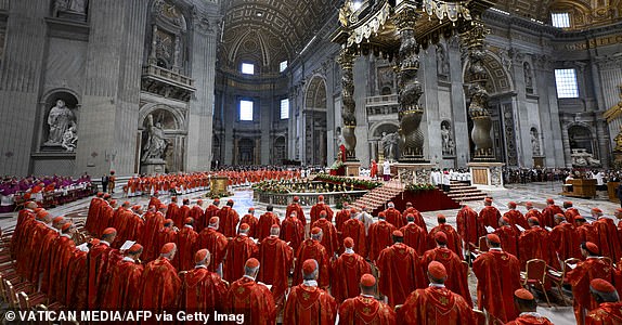 This photo taken and handout on May 7, 2025 by The Vatican Media shows cardinals during a holy mass for the Election of the Roman Pontiff, prior to the start of the conclave, at St Peter's Basilica in The Vatican. (Photo by Handout / VATICAN MEDIA / AFP) / RESTRICTED TO EDITORIAL USE - MANDATORY CREDIT "AFP PHOTO / VATICAN MEDIA" - NO MARKETING - NO ADVERTISING CAMPAIGNS - DISTRIBUTED AS A SERVICE TO CLIENTS (Photo by HANDOUT/VATICAN MEDIA/AFP via Getty Images)
