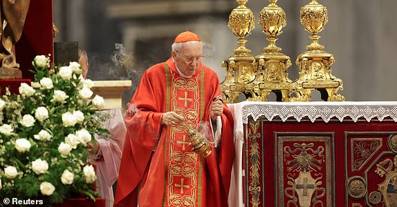 Dean of the College of Cardinals, Cardinal Giovanni Battista Re, presides over the Holy Mass, celebrated for the election of the new pope, in St. Peter's Basilica, at the Vatican, May 7, 2025. REUTERS/Murad Sezer