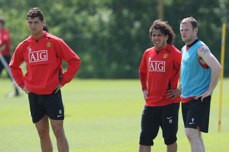 MANCHESTER, ENGLAND - MAY 15:  Cristiano Ronaldo, Carlos Tevez and Wayne Rooney of Manchester United in action during a First Team Training Session at Carrington Training Ground on May 15 2008 in Manchester, England. (Photo by John Peters/Manchester United via Getty Images)