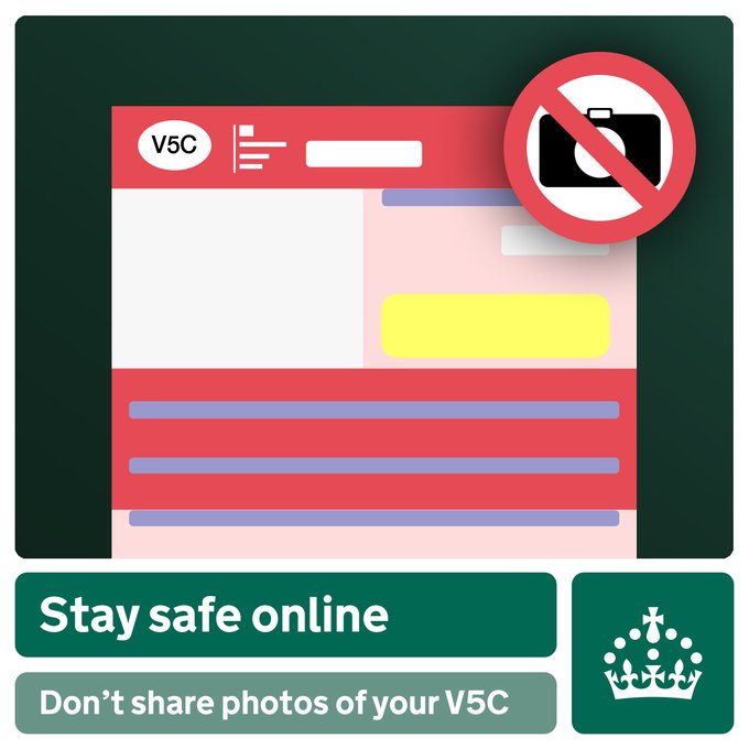 Illustration of a V5C document with a no photography symbol, advising against sharing photos of your V5C online.
