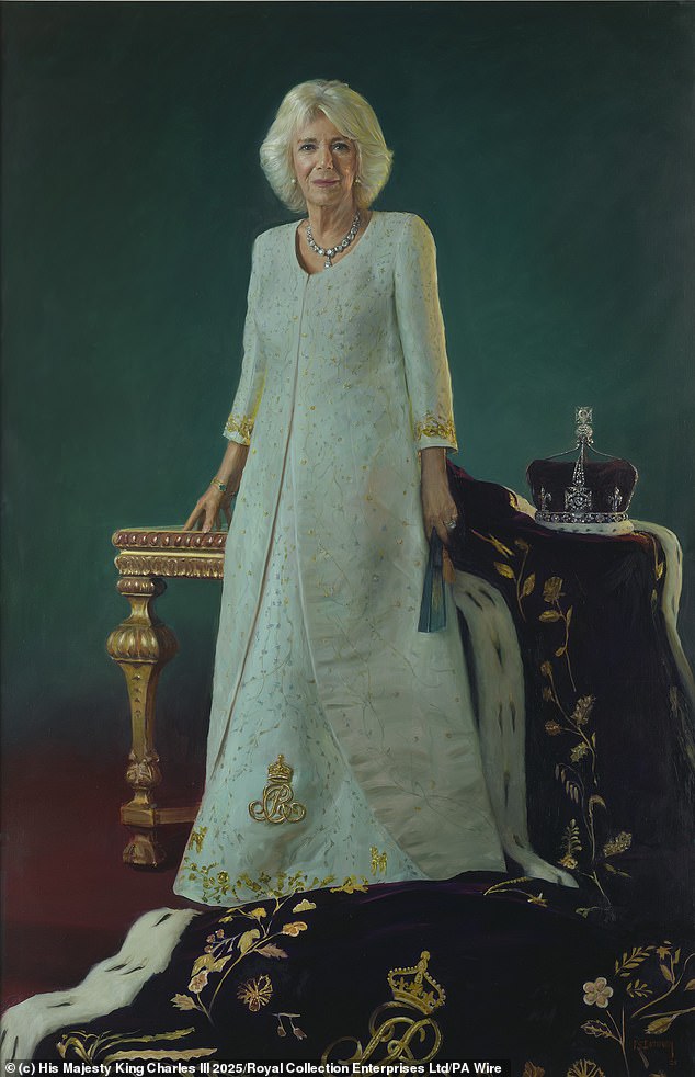 However, the artwork has since caused a stir online after The Royal Family 's X account shared snaps of the paintings. Pictured, the Queen's portrait