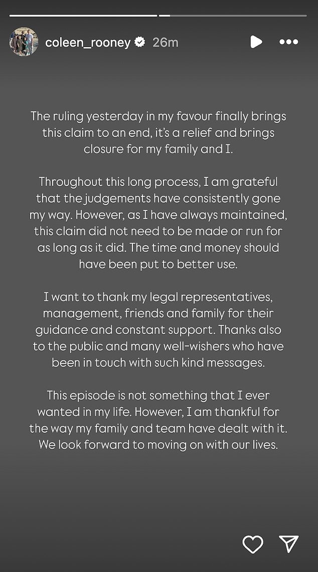 She wrote: 'The ruling yesterday in my favour finally brings this claim to an end, it's a relief and brings closure for my family and I'