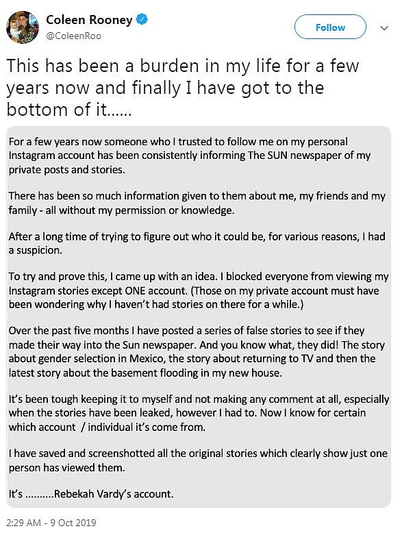 The post that started it all: Coleen accused Rebekah's social media account of leaking stories