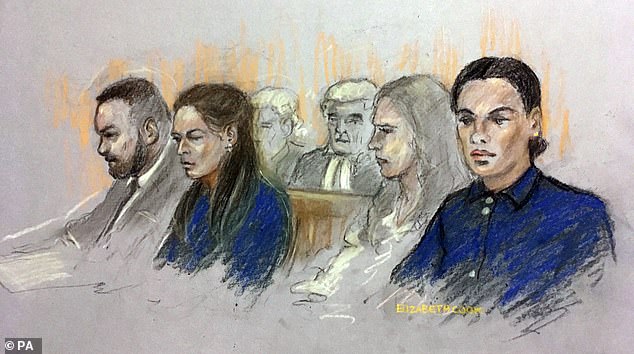 Court artist sketch of Coleen and Wayne Rooney (left) and Rebekah Vardy (right) sitting near to each other in the front row at court
