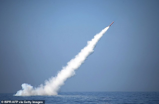 Pakistani nuclear-capable cruise missile is seen after being launched from a submarine during a test firing at an undisclosed location in Pakistan