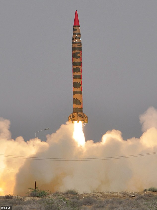 Pakistan's Hatf-IV Shaheen-1 missile, an intermediate-range ballistic missile capable of delivering a nuclear warhead, taking off during a test-firing from an undisclosed location