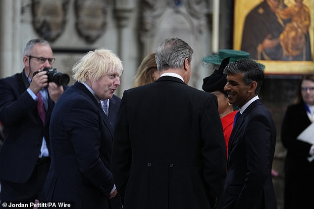 Former Tory prime ministers (left to right) Boris Johnson, Lord David Cameron and Rishi Sunak