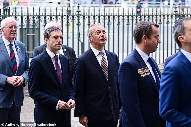 Nigel Farage, leader of Reform UK, arrives at Westminster Abbey for the service this morning