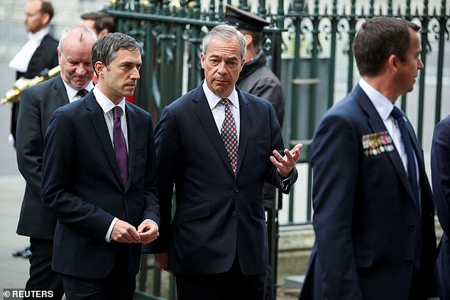 Nigel Farage, leader of Reform UK, arrives at Westminster Abbey for the service this morning