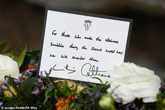 A handwritten note from Prince William and Kate on a wreath to be laid during the service today