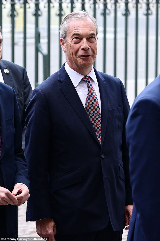 Nigel Farage, leader of Reform UK, arrives at Westminster Abbey for the service this morning