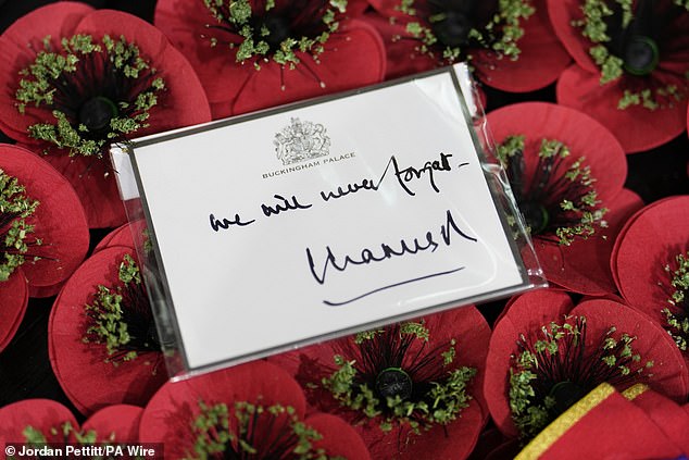 A handwritten note on the wreath which will be laid by King Charles III at today's service