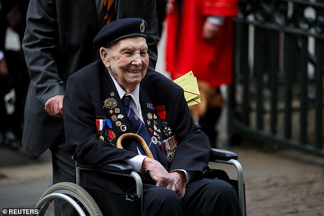 A veteran arrives at Westminster Abbey for today's service of thanksgiving for VE Day