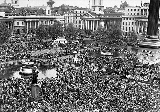 Huge crowds at Trafalgar Square celebrate VE Day in London on May 8, 1945