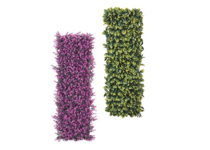 Two faux plant panels; one purple, one green.