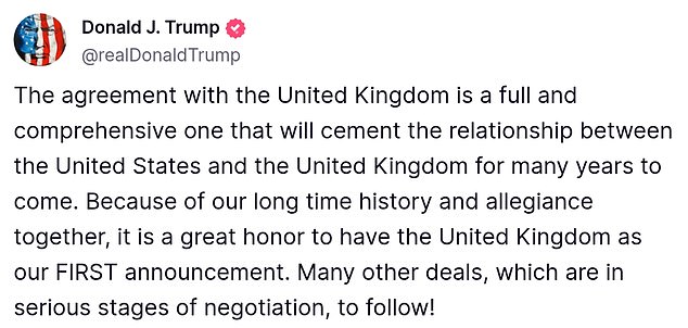 The president said the agreement will be 'comprehensive' and 'cement' ties with the UK