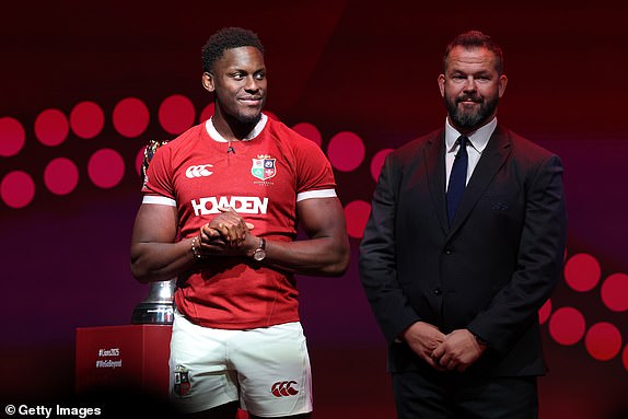 LONDON, ENGLAND - MAY 08: Maro Itoje is announced as Captain of British & Irish Lions alongside Andy Farrell, Head Coach of British & Irish Lions during British & Irish Lions squad and captain announcement at Indigo at The O2 Arena on May 08, 2025 in London, England. (Photo by David Rogers/Getty Images)