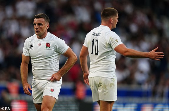 File photo dated 23-09-2023 of England's George Ford (left) and Owen Farrell. England have reunited the playmakers in their backline for Saturday's final World Cup group match against Samoa in Lille. Issue date: Thursday October 5, 2023. PA Photo. See PA story RUGBYU World Cup England. Photo credit should read Mike Egerton/PA Wire.