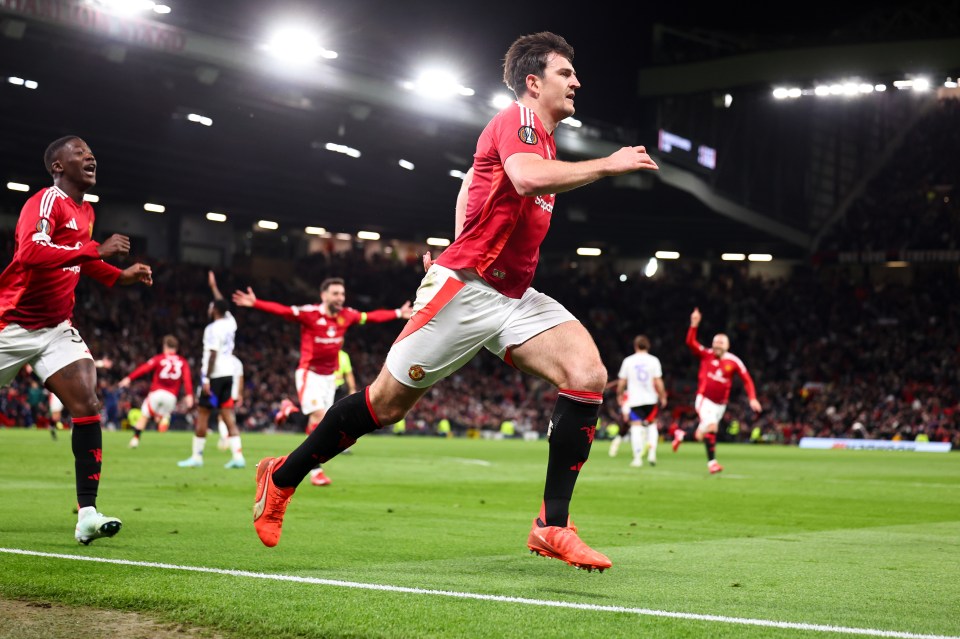 Harry Maguire of Manchester United celebrating a goal.