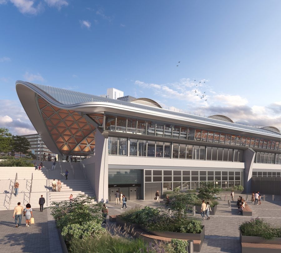 Illustration of Curzon Street HS2 station in Birmingham, UK.