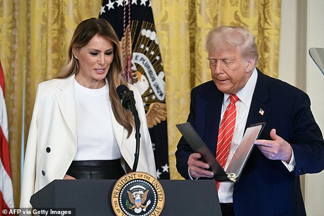 Melania Trump participates in a celebration of military mothers in the East Room of the White House